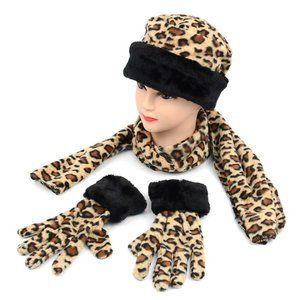 Women's 3 Piece Hat Scarf Glove Fleece Leopard/Jaguar with Black Faux Fur Set